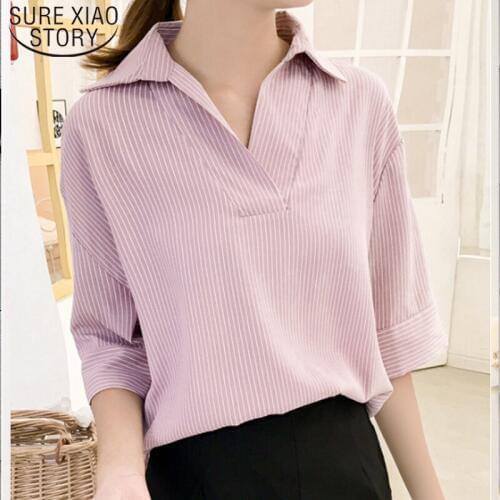 Fashion Striped Women Blouse Shirt Plus Size 3XL 4XL Ladies Tops V Collar OL Blouse Women Shirt Blusas Femininas Blouses 428 40