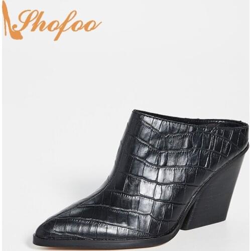 Black Croc Embossed High Square Heels Pumps Pointed Toe Woman Slippers Large Size 13 15 Ladies Summer Fashion Mules Shoes Shofoo