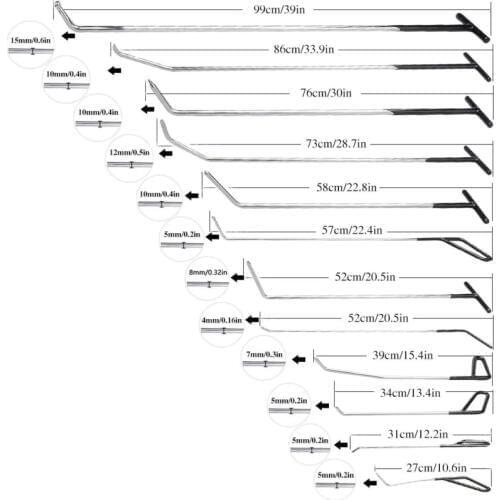 Super PDR 12pcs Black Hook Bars Body Repair Tools Kit Push Rods Hooks Car Crowbar Profession Car Body Paintless Dent Repair
