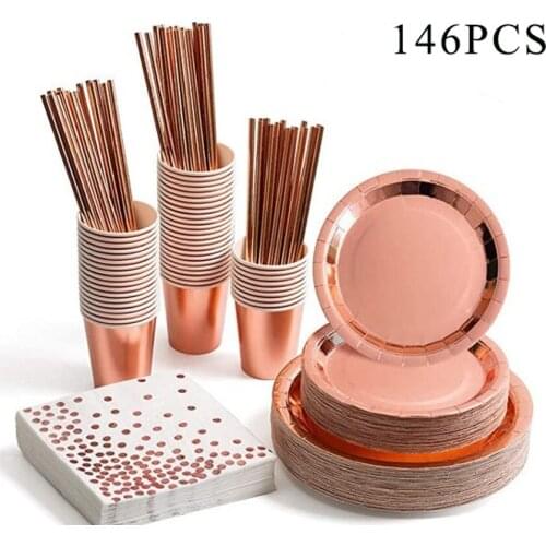146pcs Disposable Party Tableware Rose Gold Champagne Paper Cup Plate Straws Birthday Party Festive Decor Wedding Supplies