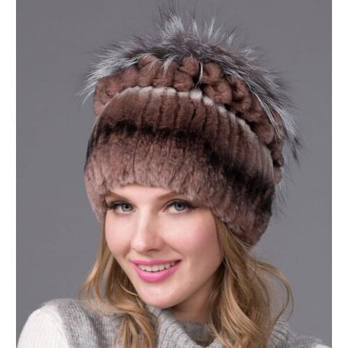 JKP Womens Autumn Winter Fur Hat Real Rex Rabbit Fur Hat with Top Fox Fur Flower Women Cotton Lining Knit Cap Fashion THY-40