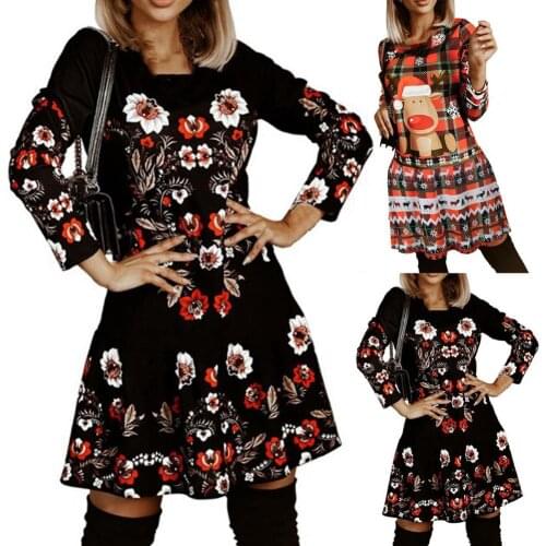 Warm Good Workmanship Elk Printed Long Sleeve Plaid Dress for Christmas Casual