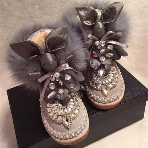 Warm home custom fox fur super cute lace rabbit leather gem snow boots European station cute sister tide