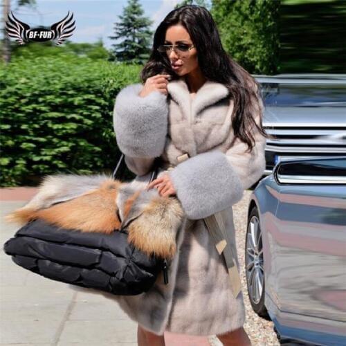 Women Fashion Long Real Mink Fur Coat Lapel Collar Luxury Genuine Whole skin Mink Fur Jacket With Fox Fur Cuff Winter Overcoat