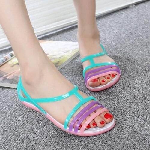 Women Jelly Shoes Rianbow Summer Sandals Female Flat Shoe Casual Ladies Slip On Woman Candy Color Peep Toe Beach Shoes