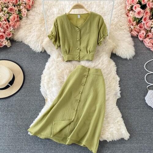 Retro elegant puff sleeve V-neck shirt short top with skrit women vestidos two-piece suit high waist A-line skirt sets summer