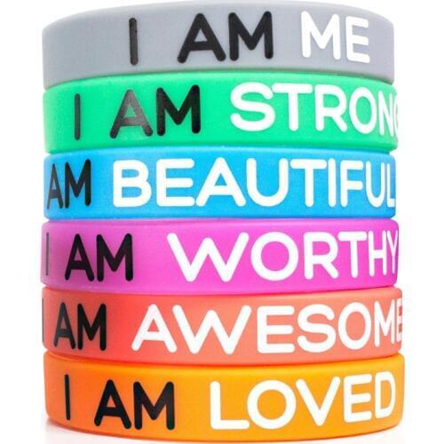 300pcs Motivational Inspirational Rubber Band I am me Strong awesome Sport Silicone Rubber Bracelet Wristband