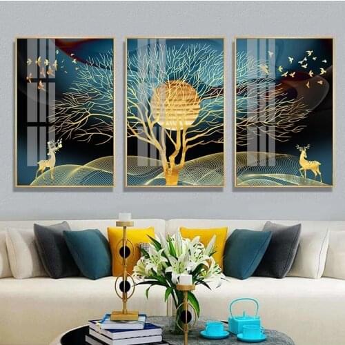 Abstract Golden DeerTree Bird Wall Art Canvas Painting Nordic Posters and Prints Decorative Pictures for living Room Home Decor