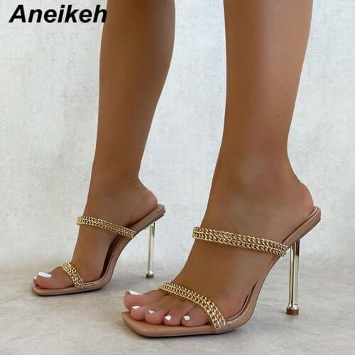 Aneikeh 2021 New Women Shoes PVC Head Peep Fashion Metal Chain Toe Sexy Shallow Thin High Heels Slippers Summer Zapatos De Mujer