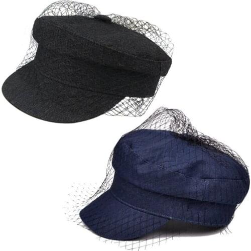 British Style Retro Denim Flat Beret Cap with Mesh Veil Women Girl Sun Protection Visor Button Painter Elegant Military Hat My26