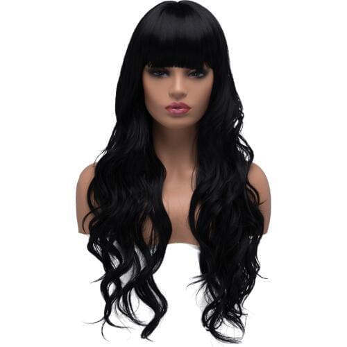 BESTUNG Long Curly Wavy Cosplay Wigs for Women Ladies Synthetic Full Hair Natural Black Brunette Wig with Straight Bangs