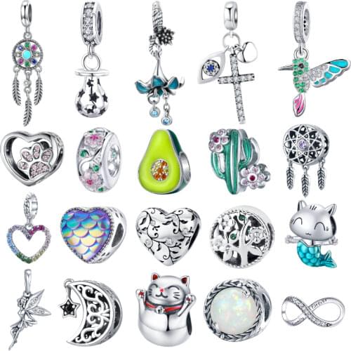 BISAER Hot Sale 925 Sterling Silver Heart Star Princess Crown Bowknot Dream Catcher Charms Beads fit Silver 925 Jewelry Making