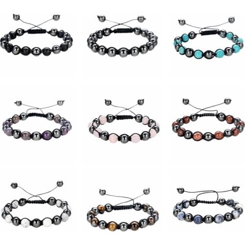 ASHMITA Men Women Reiki Healing Energy Natural Tiger Eye Stone Magnetic Hematite Therapy Beads Macrame Adjustable Braided Link