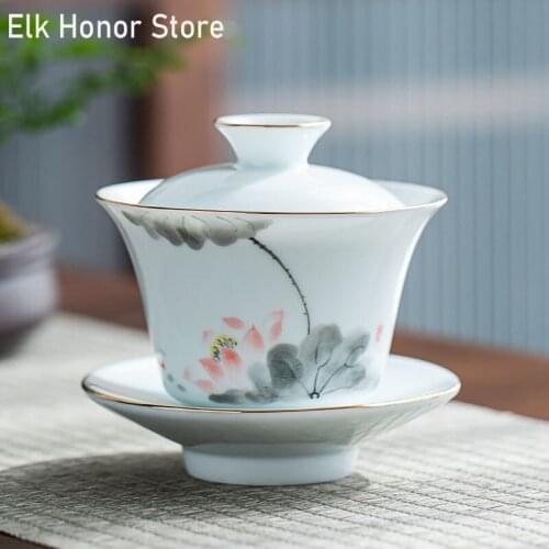 120ml White Jade Porcelain GaiWan Hand Painted Landscape Art Tea Tureen Sopera Bamboo Ceramic Bowl With Lid Flower Pu'er Teaset