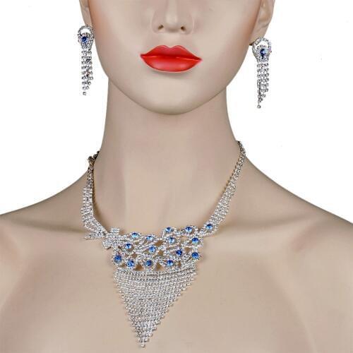 Chran Classic Peacock Design Blue Crystal Bridal Jewelry Set Elegant Shining Rhinestone Necklace Earrings Set