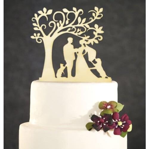 Village style wedding cake topper bride and groom understand the tree with one cat and one dog cake topper wood cake topper
