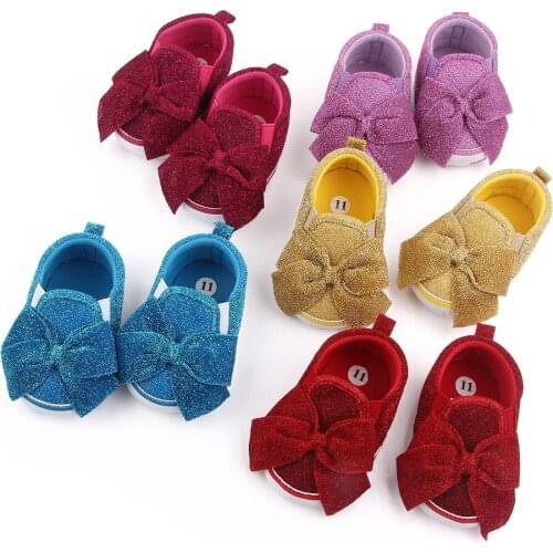 Princess Baby Shoes Infant Girls Soft Sole First Walkers Shiny Shoes with Bling Bow Toddler Glitter Prewalkers Baby Flat Shoes