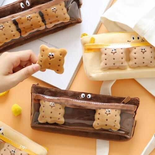 Double Layer Kawaii Biscuit Plush Pencil Bag Pvc Portable School Box Pencil Case Cute Stationery Gift Supplies For Children