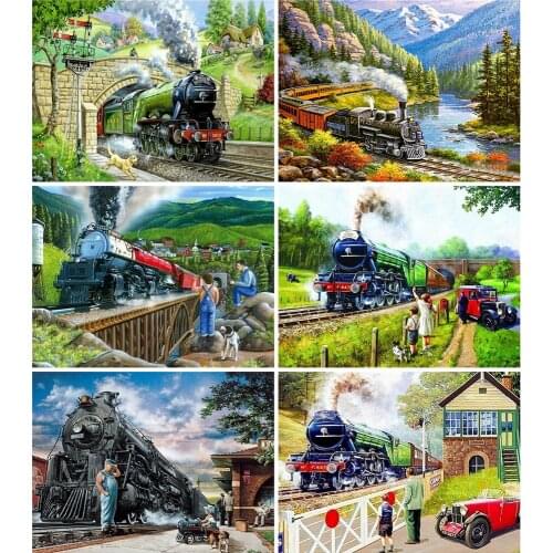 HUACAN DIY Diamond Painting Train Landscape Home Decoration Full Drill Embroidery Handcraft Art Picture
