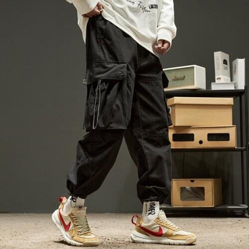 Large pocket overalls mens trendy brand simple Japanese loose large size pants wild drawstring drawstring pants trend 2021