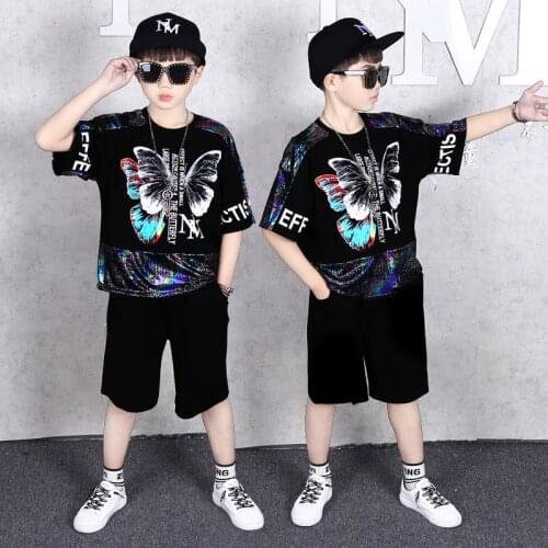 Size 5 7 8 9 10 12 14 Yrs Boys Summer Clothes Set Cotton Shiny Butterfly Print T-shirts Shorts Black Suit Big Boys Girls Outfits