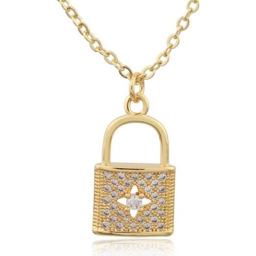 Cubic Zirconia Lock Necklace For Women Hollow Crystal Heart Key Pendant Charm Collier Gold Necklace Femme Jewelry