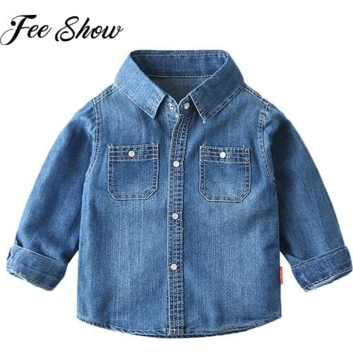 FEESHOW Fashion Autumn Long Sleeve Shirt Korean Denim Shirt Toddler Boys Tops Brief Baby Children Shirts 2-7 Years Clothes