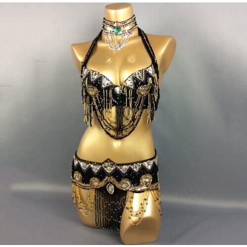 New Beaded Belly Dance Costume Wear Bra+belt 2piece Set For Ladies Belly Dance Costumes Women Performance Dancing Wear DQS5631
