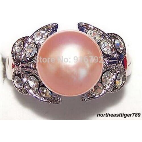 Wholesale P&P *****Real Pink Pearl 18KWGP Crystal Butterfly Ring Size: 7.8