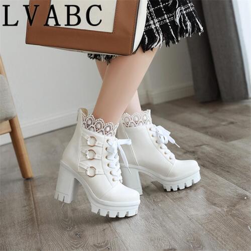 Autumn Ladies Punk Black White Cross Tied Block Heel Shoes Lace Goth Buckle Strap Chunky Heels Motorcycle Ankle Boots Big size