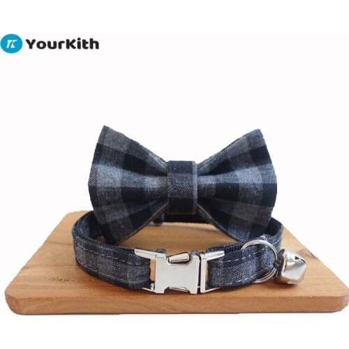 YourKith Cat Necklace Puppy Harness Collar With Bell And Bow Tie Set Hardware Engraved Name The Black Plaid Collar For Cats