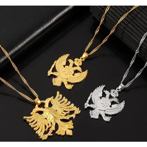 Albanian Eagle Pendant Necklace Statement Eagle Steel Necklace Gold Albanian Double Headed Bird Choker Chain Jewelry Ethnic Gift