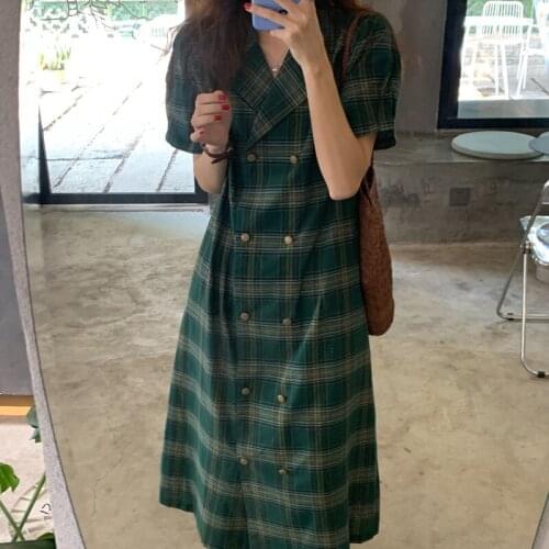 Alien Kitty 2021 Vintage V-Neck Office Lady Plaid Streetwear Double Breasted Loose Retro Summer Sweet Long Dresses Vestidos