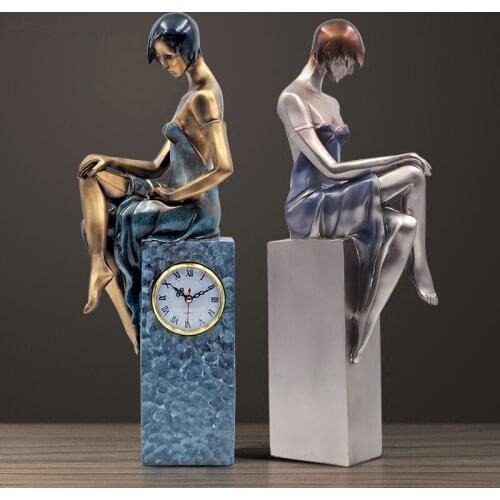 MODERN EUROPEAN BEAUTY CLOCK STATUE ABSTRACT CHARACTER SCULPTURE ART GIRL FIGURINE CREATIVE WOMEN CRAFTS HOME SOFT DECORATION