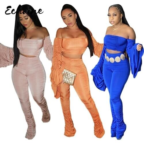 Elastic Hight Ruched Two Piece Set Tracksuit Women Long Flare Sleeve Skinny Crop Tops High Waist Bodycon Pant Female Sweatsuit