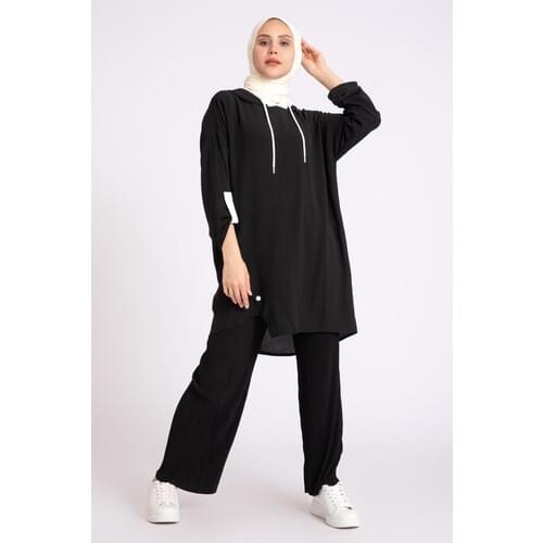Muslim women Snap-fit Detailed Hooded Black Tunic