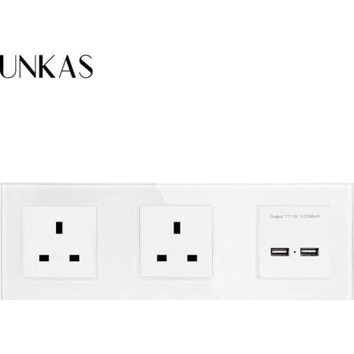 UNKAS 16A UK Electrical Outlet With Dual USB Charging Port For Mobile Tempered Glass Panel Double Socket