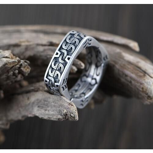 S925 Sterling Silver Vintage Thai Silver Craft Jewelry Open Ring Couple Style Delicate Pattern Totem Square Ring Neutral Style