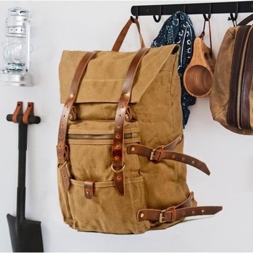 Retro Handmade Waterproof Backpack Wax Wash Canvas Stitching Leather Backpack Outdoor Travel Mountaineering Backpack