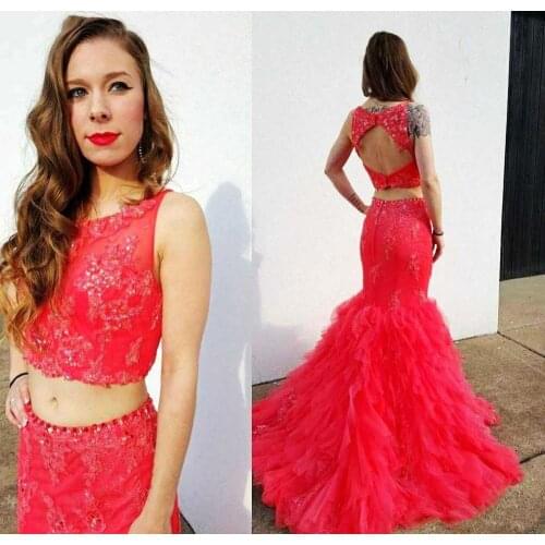 Watermelon Red 2 Pieces Prom Dresses Backless Crystals Lace Ruffles Tulle Long Mermaid Evening Party Gowns Plus Size Customize