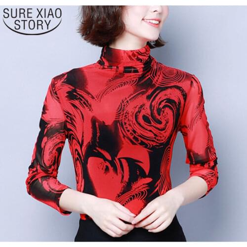 2021 Autumn Fashion Women Shirts Casual Printed Floral Women Clothing Plus Size Long Sleeve Turtleneck Women Blouses 6209 50