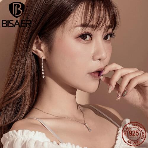 BISAER 100% 925 Sterling Silver Luminous Cubic Zircon Drop Earrings for Women Crystal Wedding Earrings Jewelry Brincos ECE583