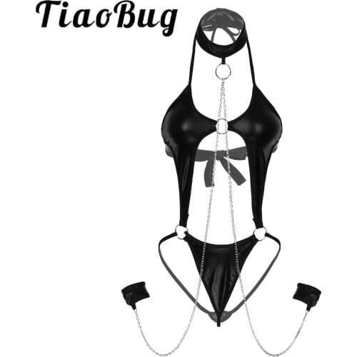 Womens Hot Sexy Lingerie Set Patent Leather O Ring Cutout Halter Lace-up Bodysuit with Metal Chain Cuffs Sexy Nightwear Clubwear