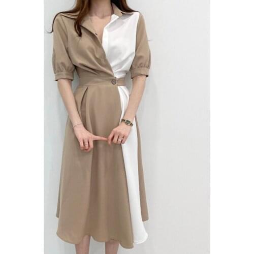 Sannian Women Dress 2021 Summer New Niche Lapel Design Contrast Color Stitching One-button Waist Short-sleeved Dresses Ladies