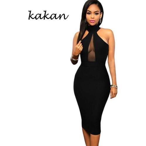 Kakan summer new womens dress sexy sleeveless hanging neck mesh stitching slim dress