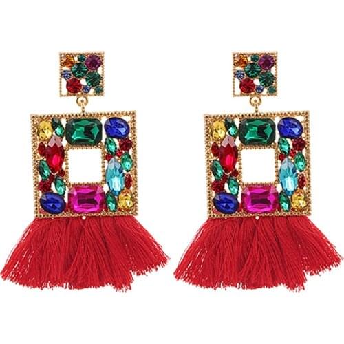 ZHINI Bohemia Vintage Gold Color Metal Geometric Square Dangle Drop Earrings for Women Ethnic Colorful Short Tassel Earring 2021