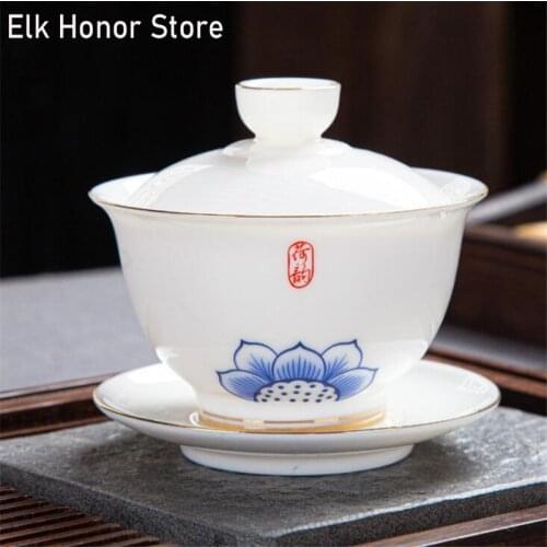 150ML Pure Hand-Painted Colorful Lotus Mutton Fat Jade Sancai Cover Bowl Underglaze Ceramics Gaiwan Tea Maker Tea Accessories