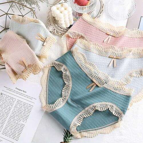 3Pcs Womens Cotton Underwear Sexy Lace Panties Women Solid Color Bow Briefs Seamless Panties Mid Waist Underpants Sexy Lingerie
