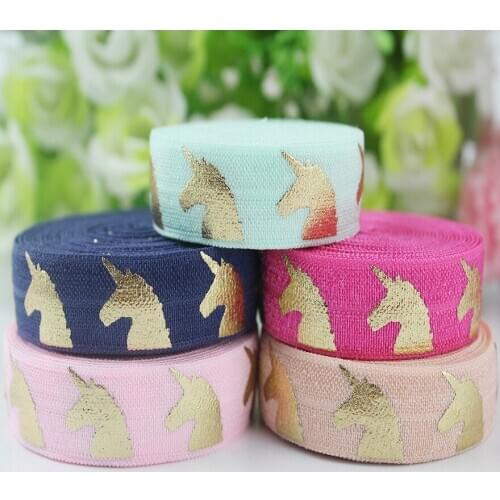 50 yards 16mm fold over stretch ribbon gold unicorn foil printing elastic ribbon DIY Wedding Bow materials sewing tapes