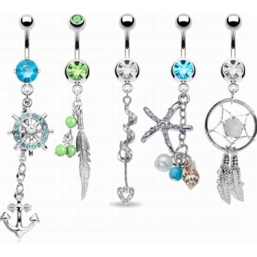 6PCS Surgical Steel Belly Button Rings Dream Catcher Dangle Navel Piercing 14G Curved Barbell Piercing Bar Body Piercing Jewelry